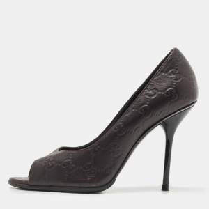 Gucci Brown Leather Guccissima Peep Toe Pumps Size 37.5