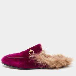 Pre Owned Gucci Purple Velvet and Fur Princetown Flat Mules Size 37.5