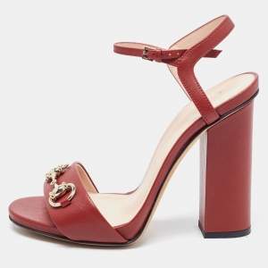 Gucci Burgundy Leather Horsebit Ankle Strap Sandals Size 37.5