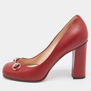 Gucci Burgundy Leather Horsebit Square Toe Pumps Size 38