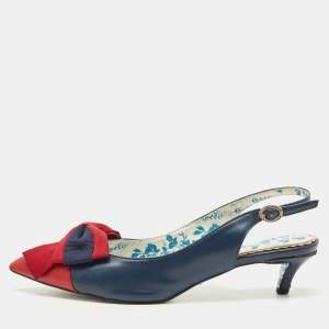 Pre Owned Gucci Navy Blue/Red Leather Jane Bow Slingback Pumps Size 40