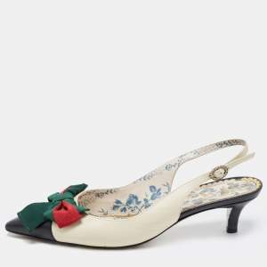 Gucci Cream/Black Leather Web Bow Jane Slingback Pumps Size 37.5