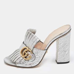 Gucci Silver Crinkled Leather GG Marmont Fringed Mules Size 37