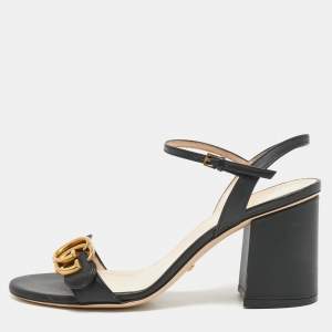 Gucci Black Leather GG Marmont Block Heel Ankle Strap Sandals Size 38