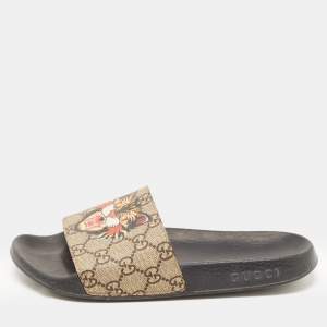 Gucci Beige Coated Canvas GG Supreme Angry Cat Slide Flats Size 39
