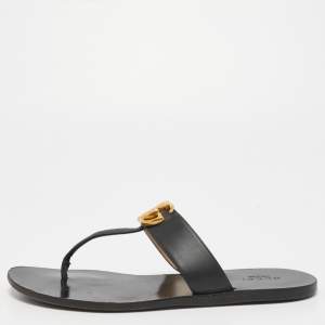 Gucci Black Leather GG Marmont Thong Flats Size 37.5