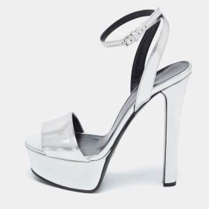 Gucci Silver Patent Leather Platform Ankle Strap Sandals Size 39