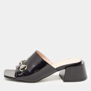 Gucci Black Patent Leather Horsebit Lexi Block Heel Slide Sandals Size 38