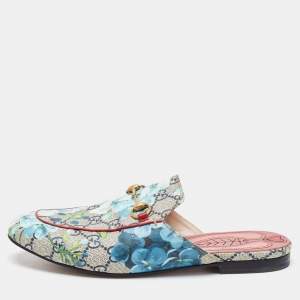Gucci Grey Canvas  Flower Print Princetown Mules Size 38.5