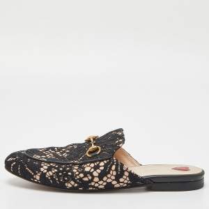 Gucci Black/Beige Lace and Leather Princetown Flat Mules Size 37.5