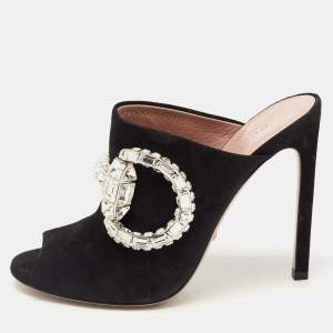 Gucci Black Suede Maxime Crystals Embellished Open Toe Slide Sandals Size 38.5