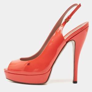 Gucci Orange Patent Leather Peep Toe Platform Pumps Size 39