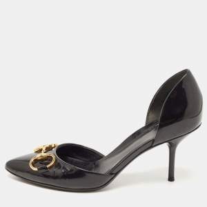 Gucci Black Patent Horsebit Pointed Toe D'orsay Pumps Size 37
