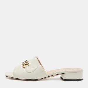 Gucci Cream Leather Zumi Interlocking G Horsebit Slides Size 37
