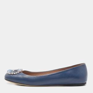 Gucci Blue Leather Crystal Interlocking G Ballet Flats Size 36.5