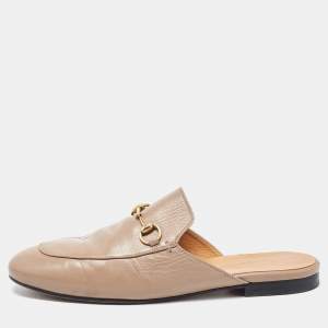 Pre Owned Gucci Beige Leather Princetown Flat Mules Size 40