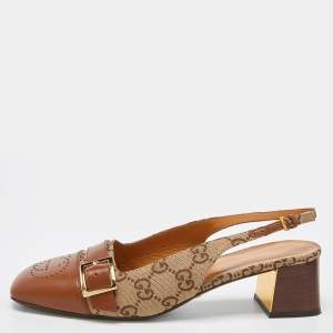 Gucci Beige/Tan GG Canvas and Leather Slingback Block Heel Sandals Size 39.5