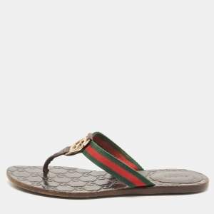 Pre Owned Gucci Tricolor Leather and Canvas Web Interlocking G Thong Flats Size 37.5