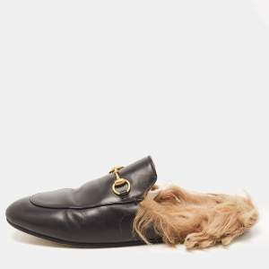 Pre Owned Gucci Black Leather and Fur Princetown Flat Mules Size 40