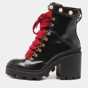 Pre Owned Gucci Black Leather Trip Pearl Embellished Block Heel Ankle Boots Size 40