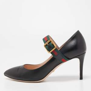Pre Owned Gucci Black Leather Sylvie Web Buckle Mary Jane Pointed Toe Pumps Size 39