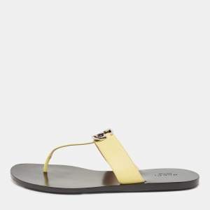 Pre Owned Gucci Yellow Leather Double G Thong Flats Size 39