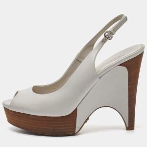 Gucci White Leather Wooden Wedge Slingback Sandals Size 37.5