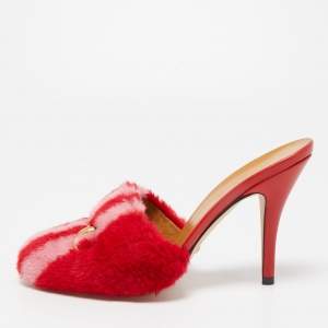 Gucci x Adidas Red/Pink Shearling Fur Horsebit Mules Size 36.5