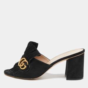 Gucci Black Suede Double G Block Heel Slides Size 42
