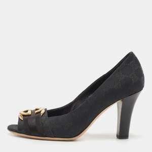 Gucci Black GG Canvas Interlocking G Buckle Open Toe Pumps Size 38