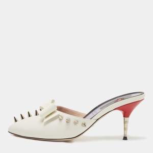Gucci White Patent Leather Spikes GG Bow Slide Mules Size 38