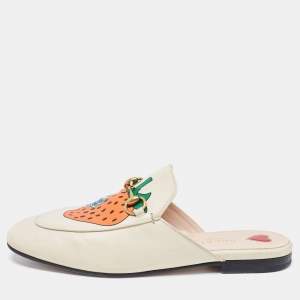 Gucci White Leather Princetown Horsebit Flat Mules Size 37.5