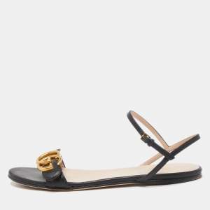 Gucci Black Leather GG Marmont Ankle Strap Flat Sandals Size 37
