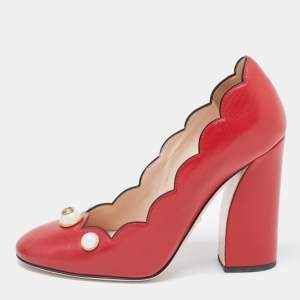 Pre Owned Gucci Red Leather Scalloped Willow Pearl Embellished Block Heel Pumps Size 38