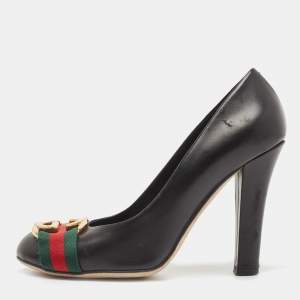 Pre Owned Gucci Black Leather Signature Web Interlocking G Buckle Pumps Size 37