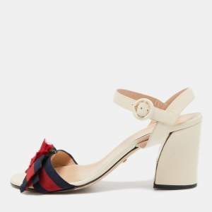 Gucci Cream Leather and Canvas Bow Flower Ankle Strap Sandals Size 38.5