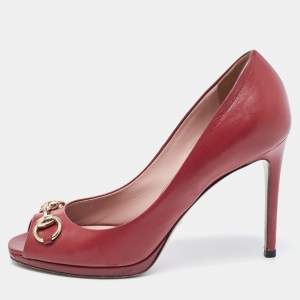 Gucci Burgundy Leather Jolene Peep Toe Pumps Size 37.5