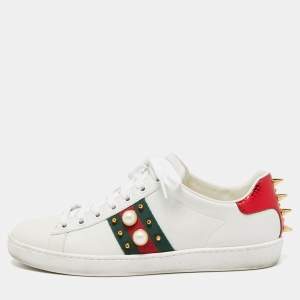 Gucci White Leather Pearl Ace Low Top Sneakers Size 37