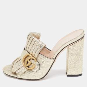 Gucci Metallic Gold Texture Leather Double G Logo Suede Slides Size 37