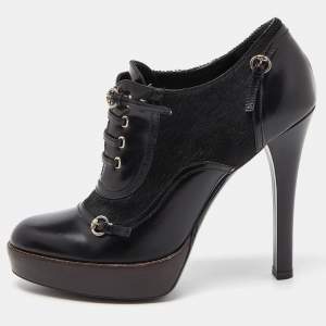 Pre Owned Gucci Black Leather and Calf Hair Buckle Detail Platform Ankle Booties Size 38.5