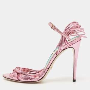 Gucci Metallic Pink Leather Allie Ankle Strap Sandals Size 39