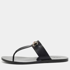 Gucci Black Leather Horsebit Thong Flats Size 36.5