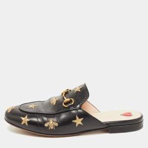 Gucci Black Leather Star and Bee Embroidered Princetown Mules Size 36.5