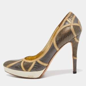 مملوكة مسبقًا Gucci Grey Snakeskin and Crocodile Leather Platform  Pumps Size 38.5