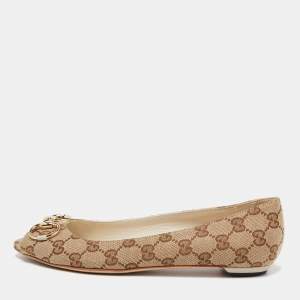Pre Owned Gucci Beige GG Canvas Interlocking Ballet Flats Size 39.5