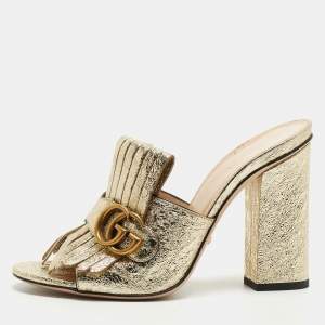 Gucci Gold Texture Leather Double G Logo Slide Sandals Size 39  
