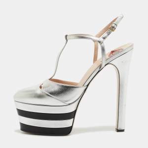 Gucci Silver Leather Angel Platform Ankle Strap Sandals Size 41