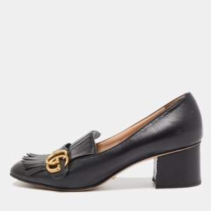 Gucci Black Leather Double G Block Heel Pumps Size 39.5