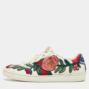 Gucci White Leather Floral Embroidered Ace Sneakers Size 39.5