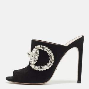 Gucci Black Suede Maxime Crystal Icon Bit Peep Toe Mules Size 37.5